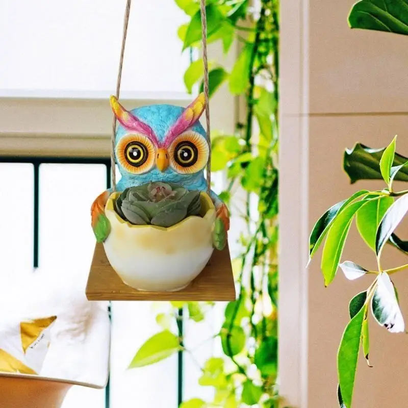 G92C Unique Owl Hanging Planter for Indoor Plant Decorative Resin Flower Pots for Succulents and Small Green Plant