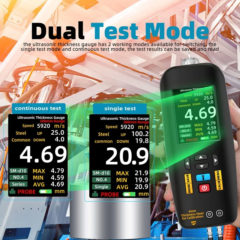 مقياس سمك بالموجات فوق الصوتية ABYN، نطاق 1-300 مم مع شاشة ملونة، مع مسبار لقياس المعدن الصلب والبلاستيك الفضي PVC
