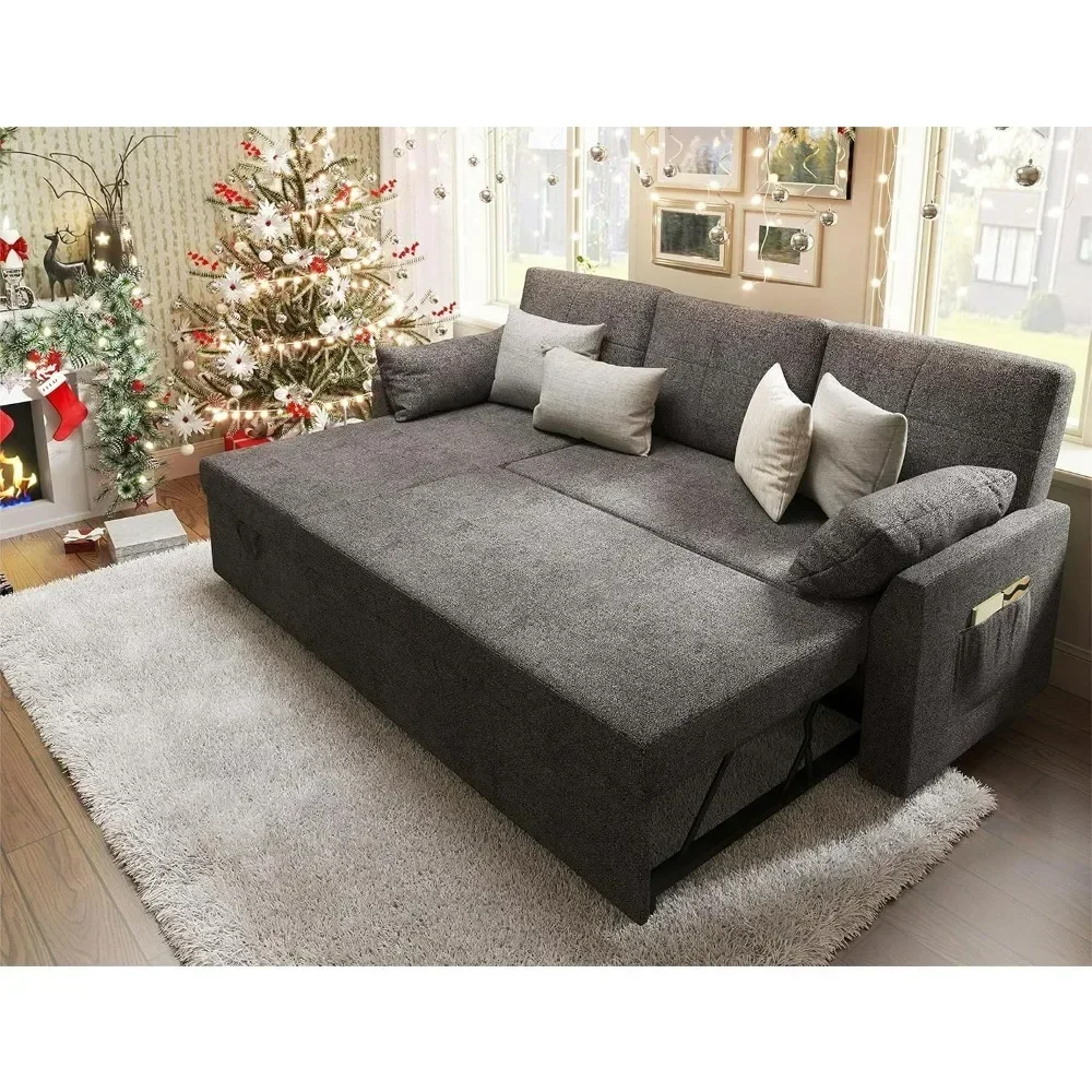 Living room sofa, 2-in-1 pull-out sofa bed, lounge chair with living room storage, gray linen