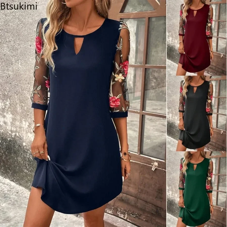 

2025 Summer Dresses Women's Trendy Lace Splice Embroidery Mesh Mini Dress Three Quarter Sleeve Round Neck Casual Dress for Women