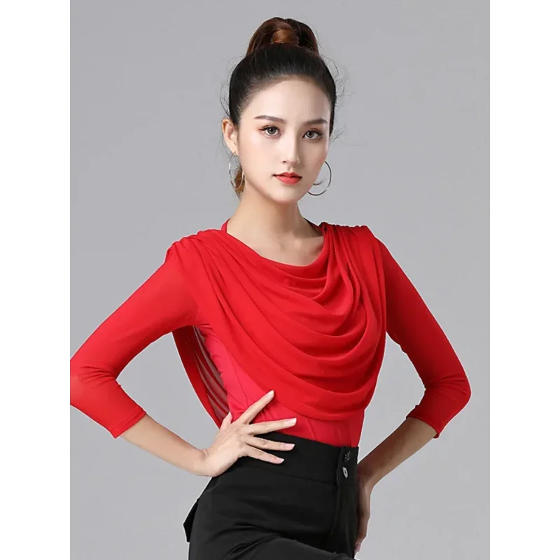 เสื้อขอบจีบเข้ารูปแบบสลิมฟิตสง่างามเสื้อเต้นลาตินของผู้หญิงเครื่องแต่งกายทันสมัยสำหรับผู้ใหญ่แบบวอลทซ์เสื้อผ้าแซมบ้าสีทึบ