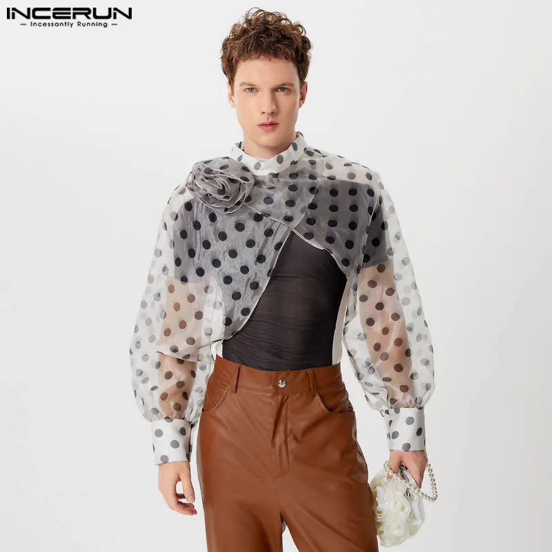 INCERUN Men Irregular T Shirt Polka Dot Printing Stand Collar Long Sleeve Crop Tops Men Streetwear Flower 2024 Fashion Camisetas