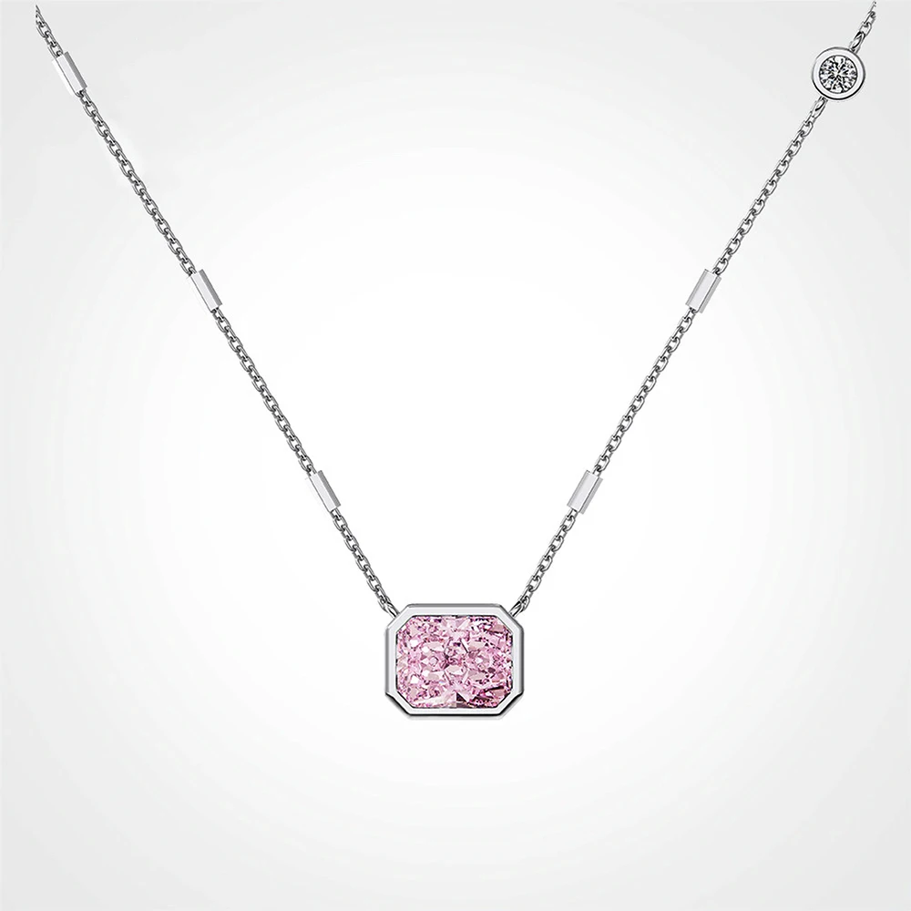 Real S925 Sterling Silver Pink Necklace Women Brilliant Rectangular Diamond Pendant Necklace Female Luxury Jewelry 8A Zircon