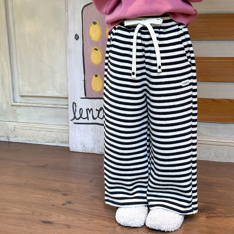 Winter Composite Warm Straight Leg Pants with Added Fleece for Children Korean Version Loose Casual Pants for Girls