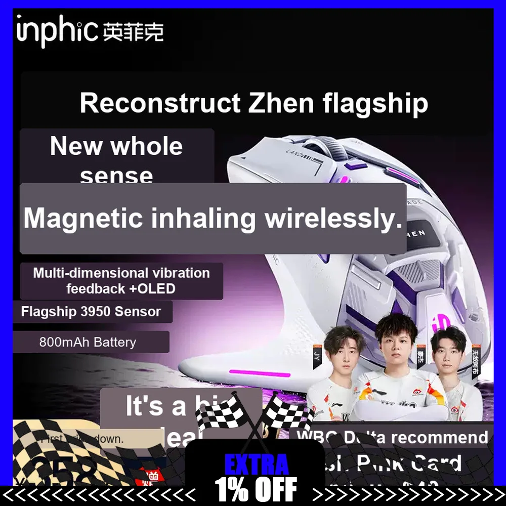 Inphic ZHEN Mouse Tri Mode Wireless PAW3950 Long Battery Life Gaming Mice OLED Display Magnetic Charging Base Office Accessories