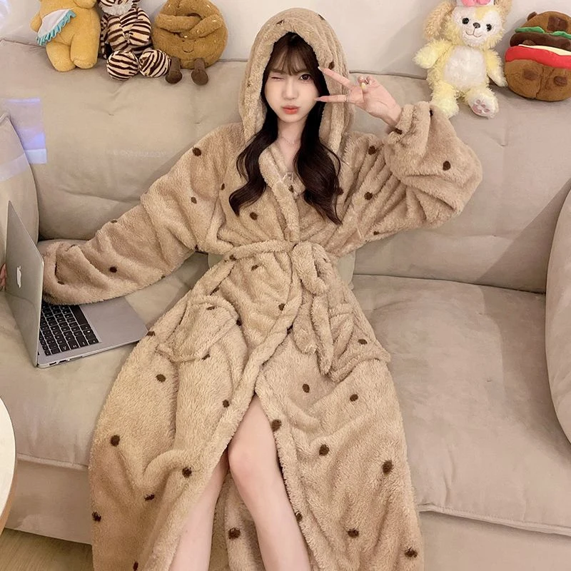 

2024 Winter Long Sleeve Hooded Thick Warm Flannel Kimono Robes for Women Korean Loose Bathrobes Sleepwear Nightdress Night Dress
