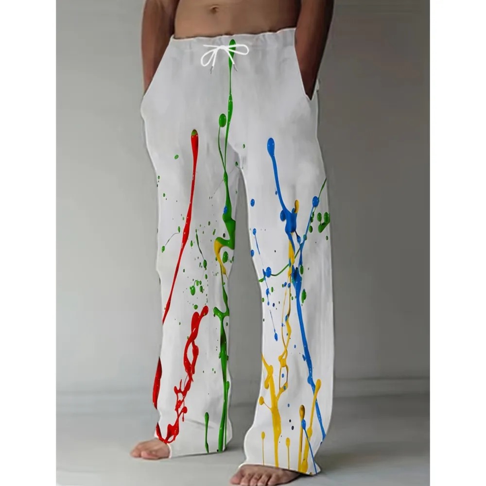 3D printed splashed ink pattern printed pants, trendy and comfortable men's wide leg pants, suitable for outdoor sports