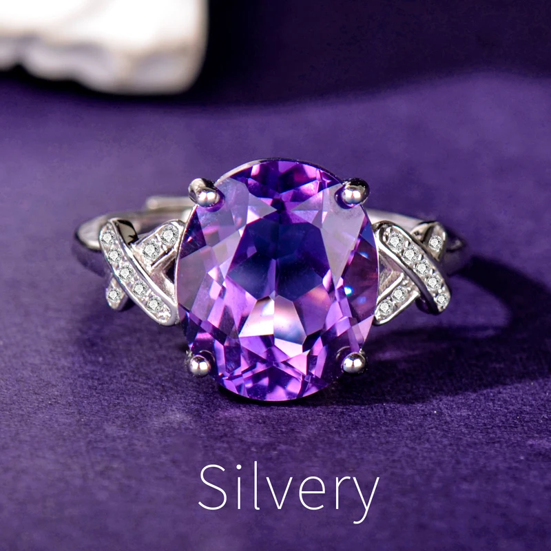 

925 Silver Natural Amethyst Ring White Gold Rose Gold Adjustable Open Ring Simple and Elegant Fashion Gift