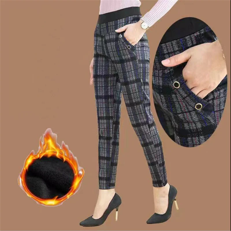 2022 Autumn Winter Plush Thick Warm Elegant High Waist Office Ladies Trousers Women Plaid Print Slim Pants Pantalones Mujer 4XL