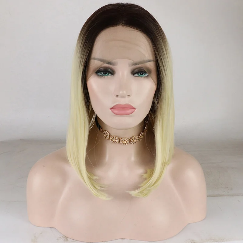 

Soft 180%Density Short Bob Straight Ombre Blonde 613 Lace Front Wig For Black Women With Baby Hair Glueless Synthetic Preplucked