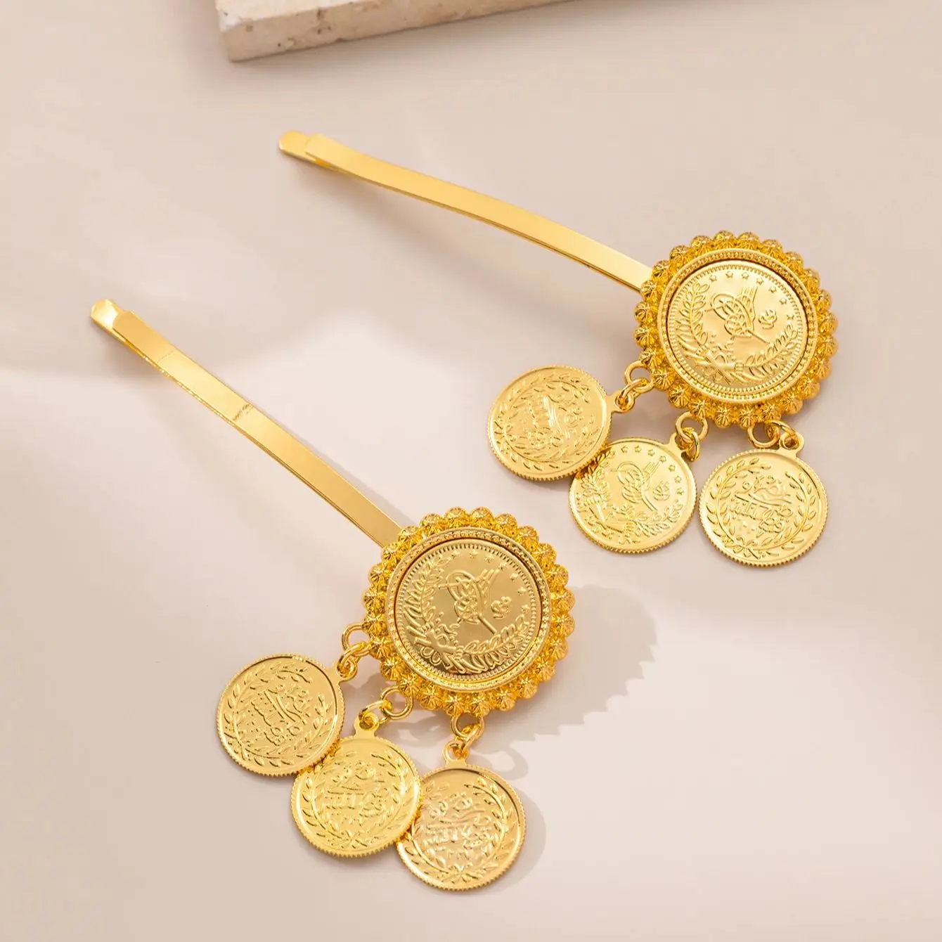 Gold Plated Turkish Arabic Totem Coin Hair Clip - Women\'s Muslim Wedding Hair Jewelry Accessory Headpiece