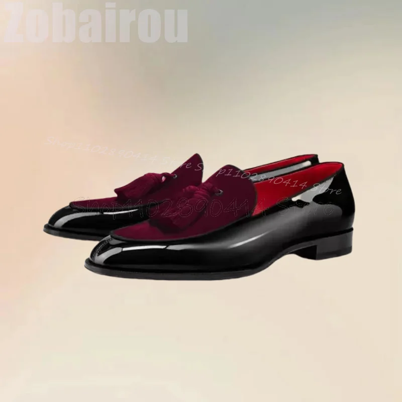 Burgandy Black Patchwork Tassels Decor Loafers Fashion Slip On Men Shoes Luxurious Handmade Party Office Wedding Men Dress Shoes