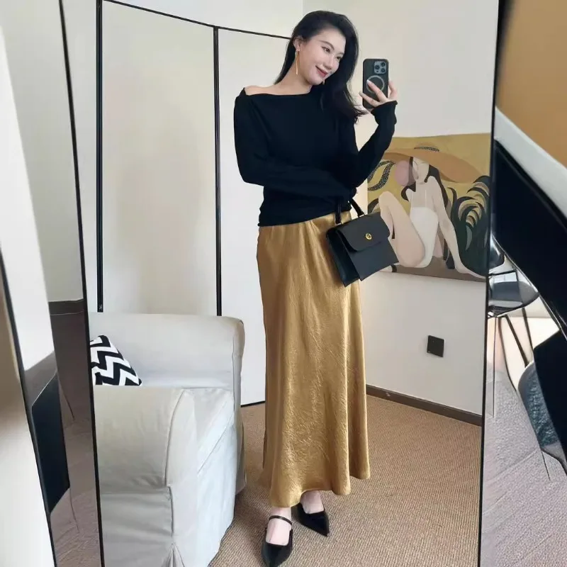 2024 High-end Spring and Autumn Bottoming Shirt with Slanted Shoulder Collar Knitted Sweater Top for Women