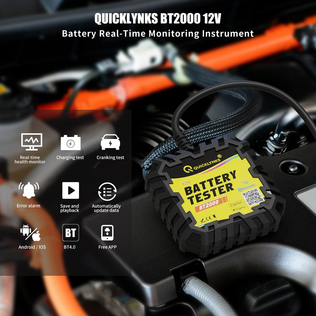 QUICKLYNKS BT2000 12V Battery Test 100-2000 CCA Bluetooth Monitor Battery Cranking&Charging Test APP For Android IOS PK BM6