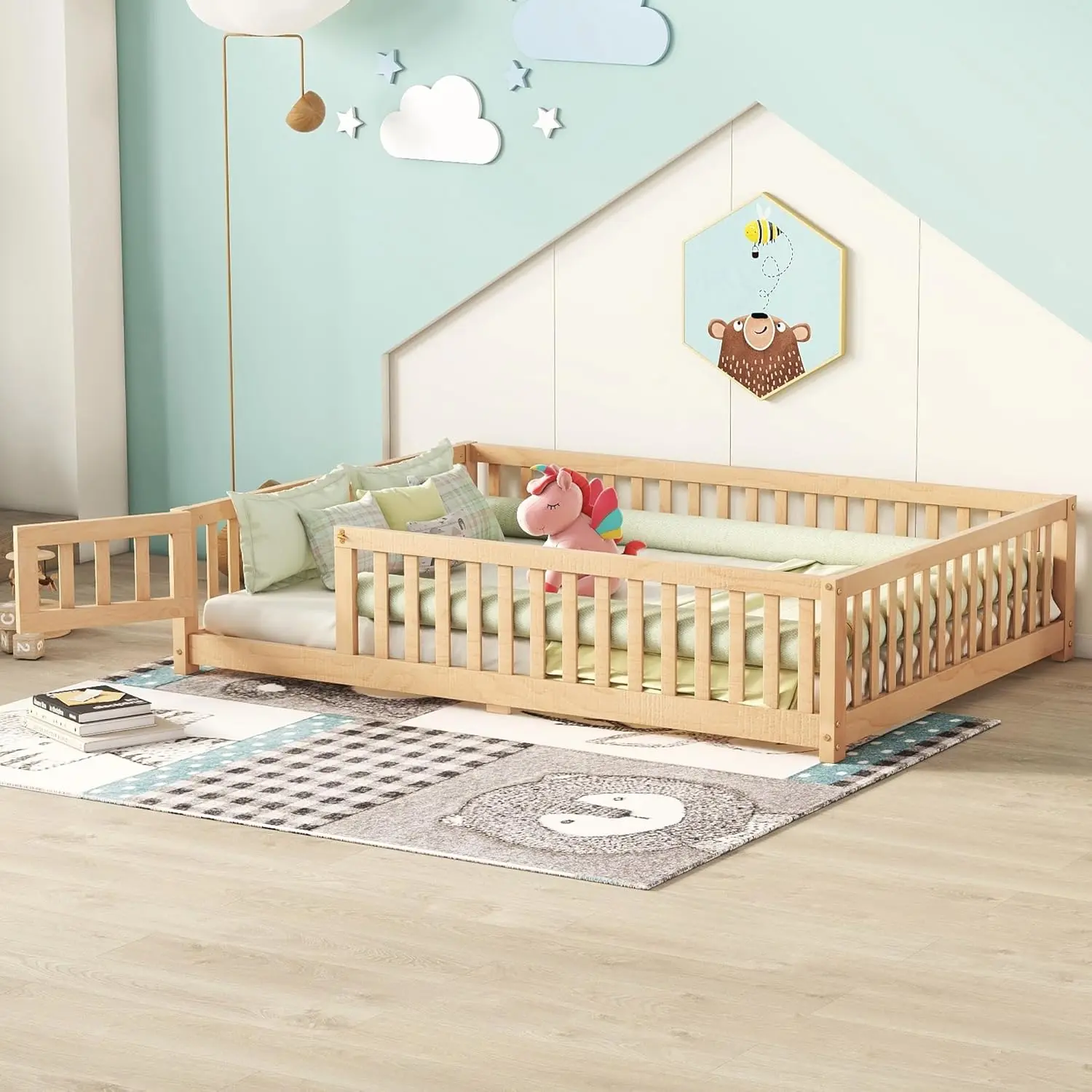 Floor Bed with Safety Guardrails and Door, Wood Montessori Floor Bed with Slats and Center Support Bar for Kids, Boys and Girls,