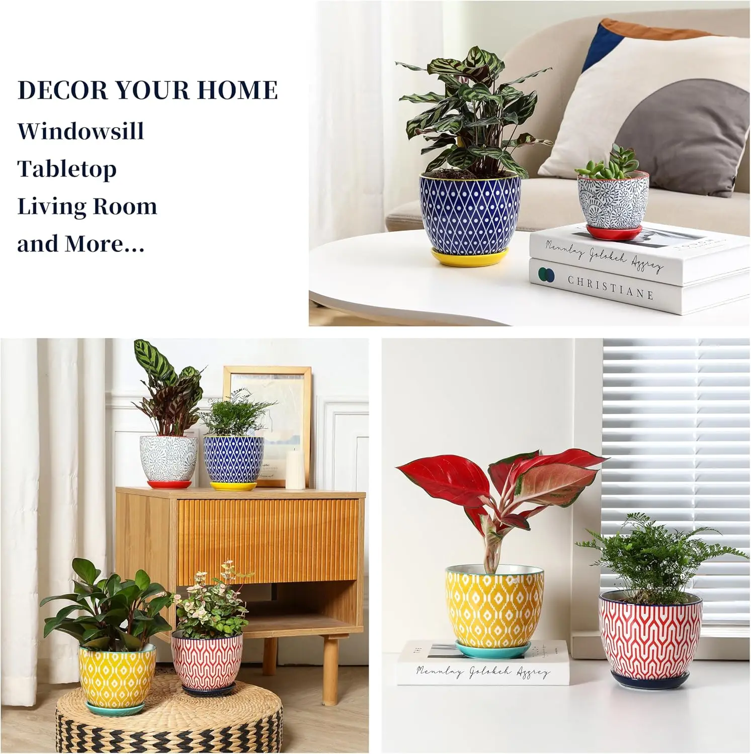 أواني نباتات سيراميك، أوعية زهور مقاس 5.6 بوصة للنباتات الداخلية، مزارعون مع فتحة تصريف وصحن، أوعية حديقة لسوك