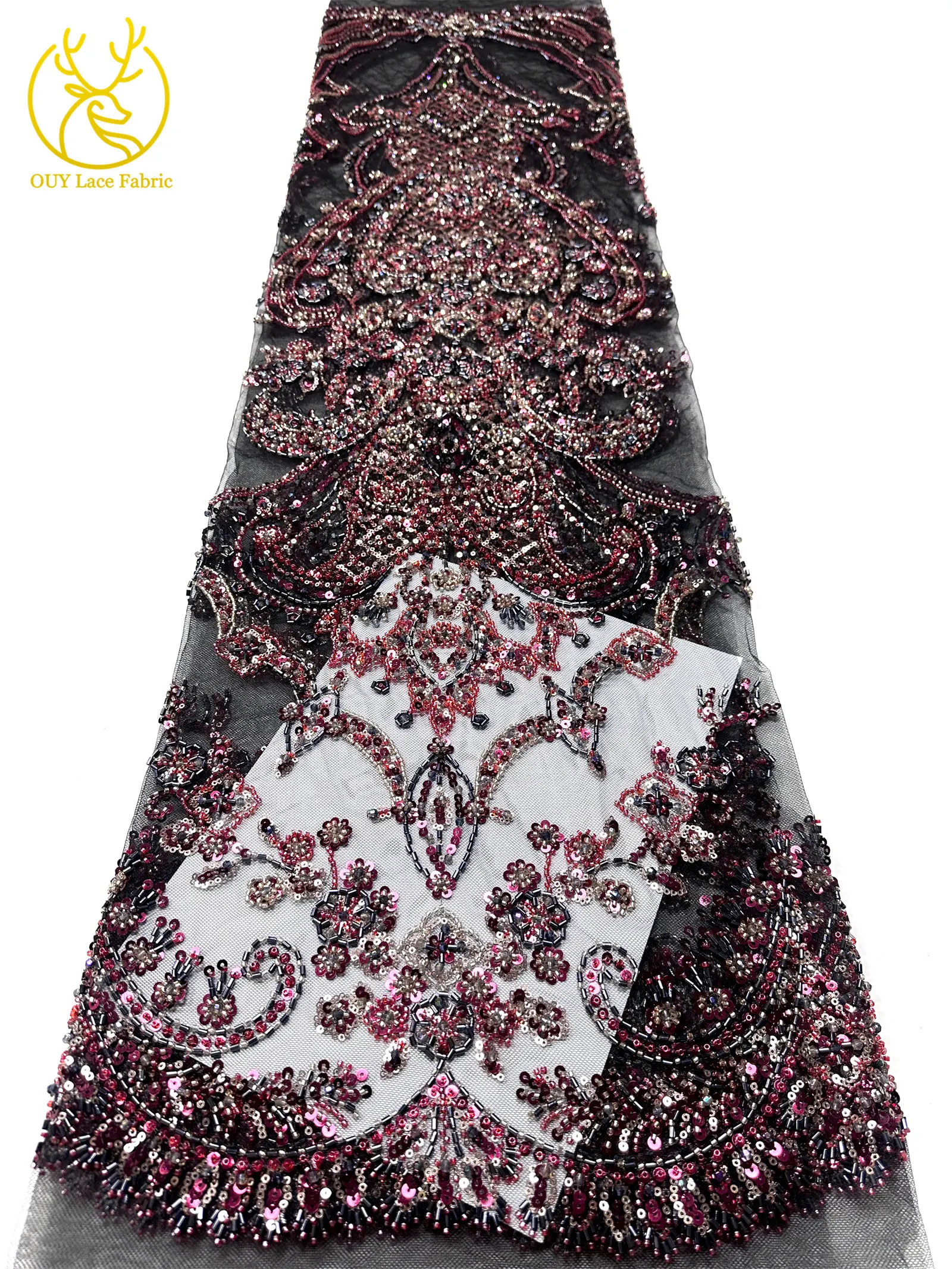 Pfirsichfarbener, hochwertiger, eleganter afrikanischer Brautkleidstoff mit Stickerei und Perlen, 2026 Nigerianische Pailletten-Spitze für Abendkleider und Hochzeitskleider zum Nähen – Detail 22