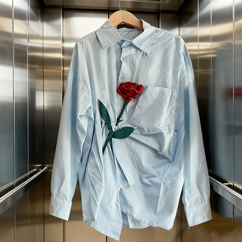 HKSH Primavera Autunno Nuove Donne Camicia Fiore Tridimensionale Gira-giù il Collare Maniche Lunghe Versatile Elegante Moda Top HK16266