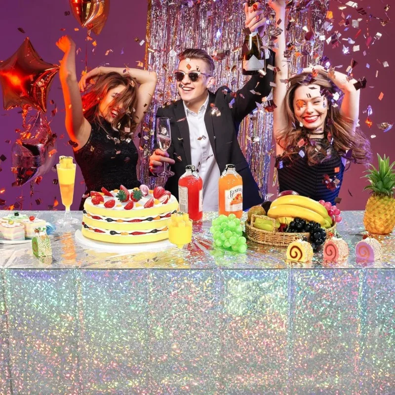 1PC Disposable Tablecloth PE Waterproof Flash Laser Silver Aluminum Film Table Cloth Birthday Party Wedding Evevt Decorations view 5