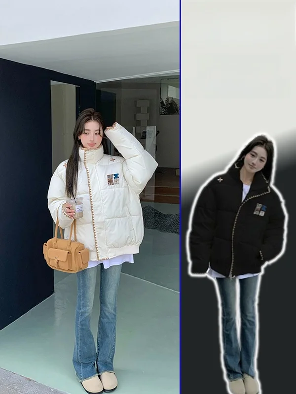 

plus Size Winter Cotton Jaet Thi Warm Embroidered Letter Stand Collar Coat Sli Versatile Fem Outerwear