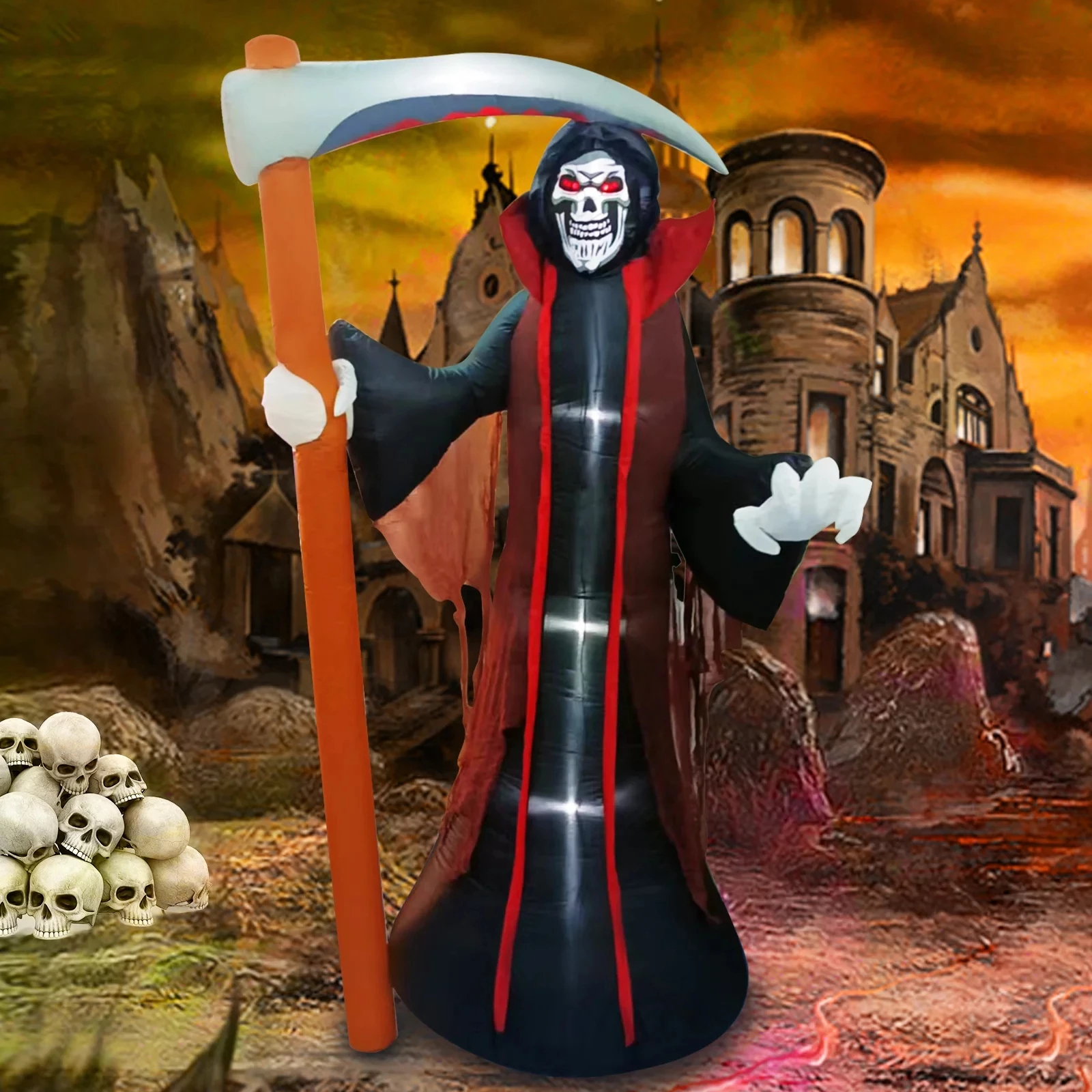 

Outdoor Halloween Inflatables 8FT Grim Reaper LED Blow Up Terror Inflatable Props Fixed Stakes Tethers for Outdoor Garden Yard