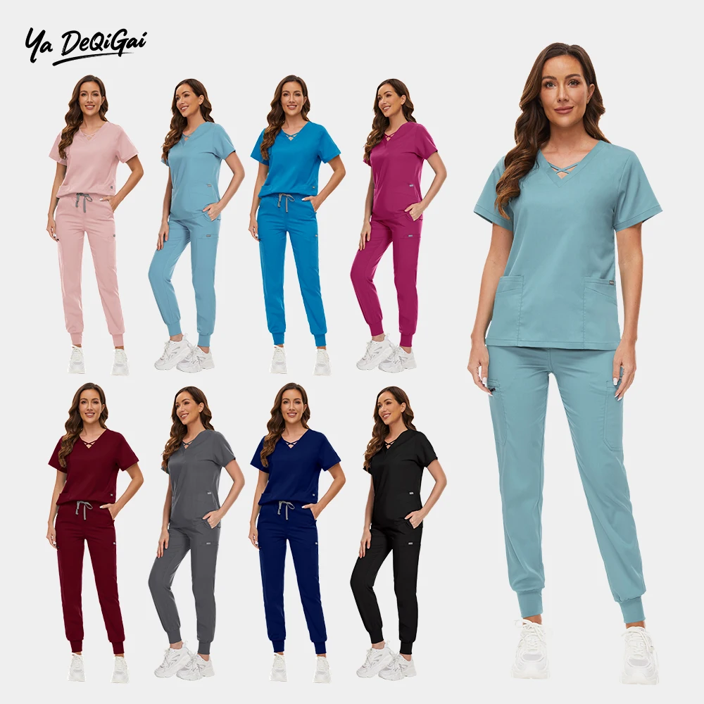 

Эстетическая униформа, эластичный дышащий скраб, спецодежда, топ для медсестры с короткими рукавами, комплект для бега, скрабы для ухода за домашними животными, одежда