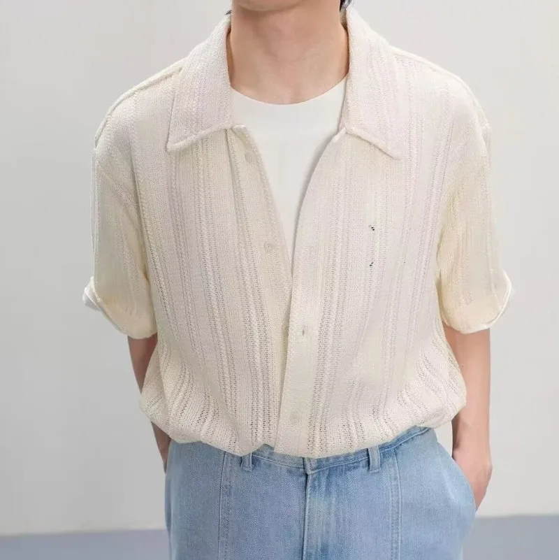 Herren-Strickhemd mit Aushöhlungen und Streifen, Kurzarm, Umlegekragen, Knopfleiste, Lässige Bluse, Atmungsaktives Durchsichtiges Sommer-Oberteil – Detail 2