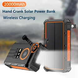 20000mAh Wireless Solar Power Bank with Cable LED Light Hand Crank Charger Powerbank for iPhone 15 Samsung S23 Xiaomi Poverbank