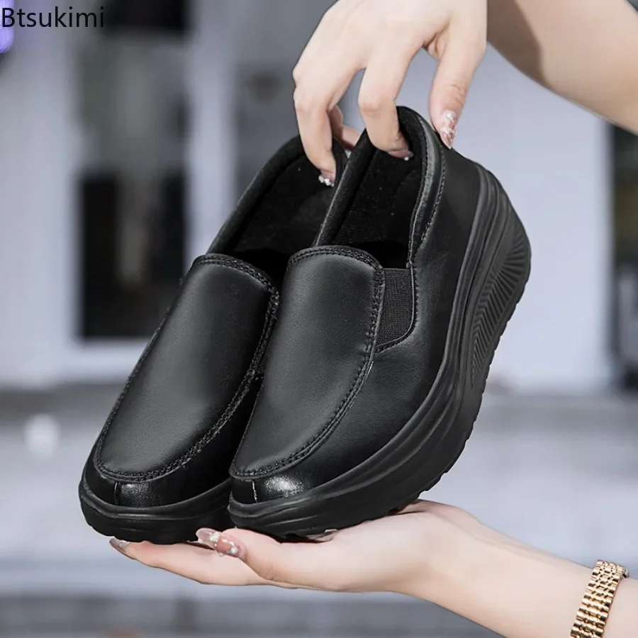 

2024 Women's Casual Shoes Genuine Leather Soft Outsole Work Shoes Female Black Leather Pumps Woman Plus Size Wedges Single Shoes