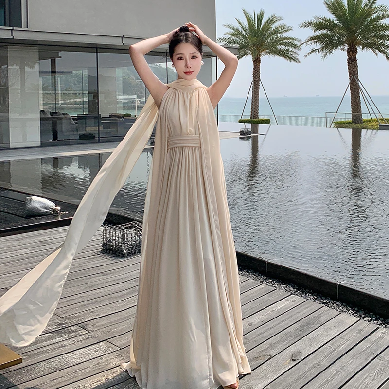 Moda chique 2023 New Summer Mulheres Sexy Backless Boho Vestido de cintura alta Beach Holiday Party Vintage Elegante Runway Robe Vestidos