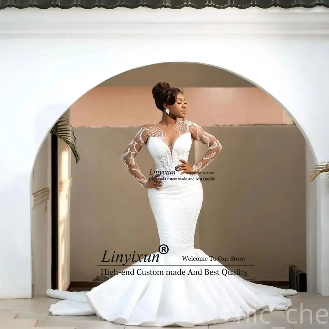 African Aso Ebi Off White Mermaid Wedding Dress Full Sleeves Beaded Sequined Sheer Neck Sequined Stylish Bridal Gowns Customized