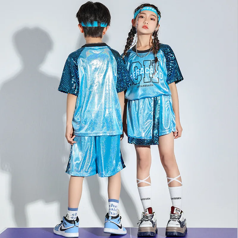 Boys Hip Hop Blue T shirt Girl Jazz Shorts 2 Pcs Set Kids Sequin Shine Street Dance Cheerleading Stage Performance Uniform