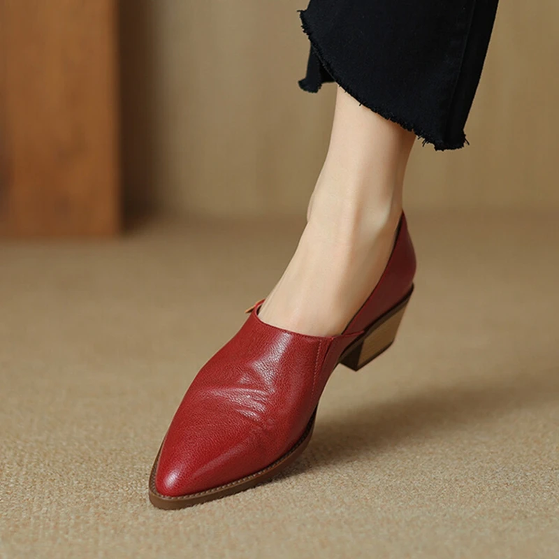 NEW Spring Women Loafers Pointed Toe Chunky Heel Shoes Genuine Leather Shoes for Women Concise High Heels Slip-on Women Pumps