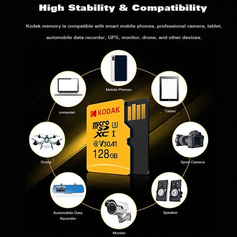 KODAK-Carte Micro SD, 64 Go, Carte Mémoire pour Téléphone Portable, PC, Écouteur, Haut-Parleur, Caméra HD