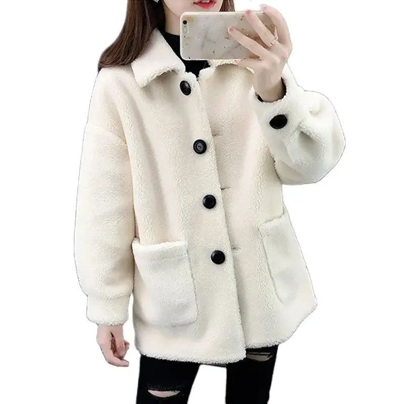 Fashion lambswool Double-Faced Fur Coat Women Autumn Winter Loose Thick Warm Single-Breasted Faux Fur Jacket Fluff Parkas KW1047