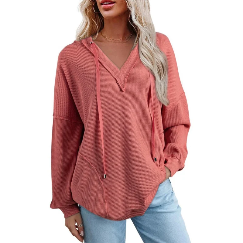 Spring Atumn  V-neck Sweatshirt With Pockets Basic Lazy Style Loose Versatile Daily Hoodied Top Solid Color Fashion Streetwear