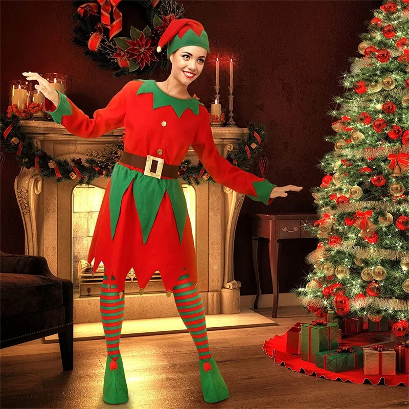 Christmas Elf Costumes Long Sleeve Dress and Belt Hat Shoes for Women Girl Party Role-Playing Cosplay