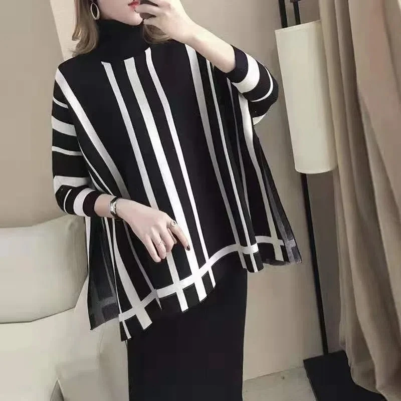 Black White Striped Sweater Women Cloak Autumn Winter  Loose Thick Knitted Cape Turtleneck Wild Warm Pullover Bat Sleeve Tops