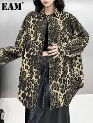 [EAM] Leopard Print Duży rozmiar Casual Denim Jacket New Lapel Long Sleeve Women Coat Fashion Tide Spring Autumn 2024 1DH6871