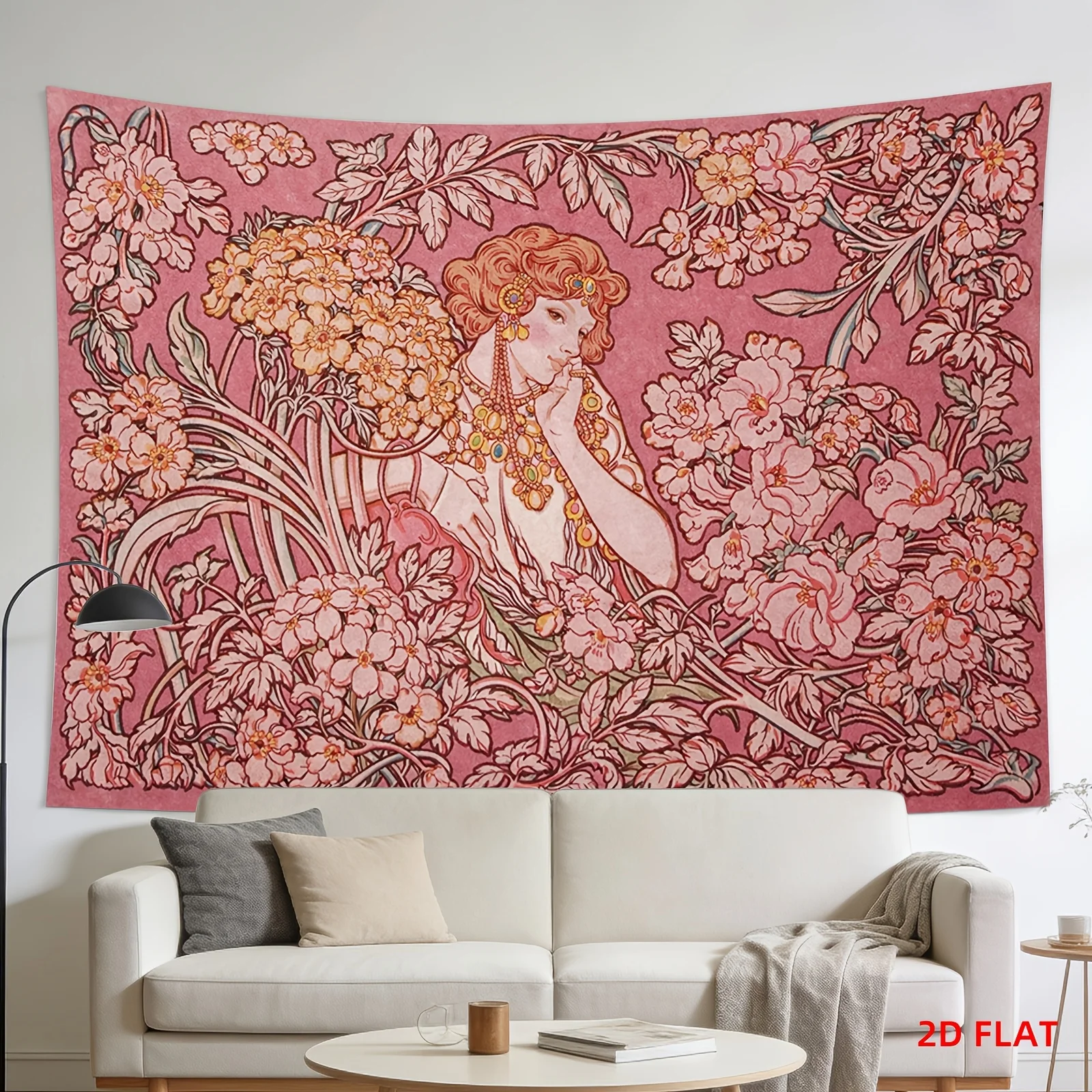 1pc Mucha Style Pink Goddess Floral Tapestry, Art Nouveau Lady Flower Vine Wall Hanging, Multiple Sizes, Polyester 2D Print, Bed