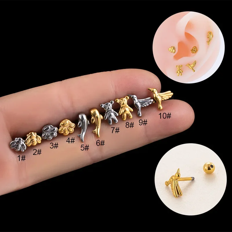 

1Piece Bee Bear Dolphin Stainless Steel Earring for Women Earring Screw Ear Bone Nail 1.2mm Piercing Stud Earrings for Cute Girl