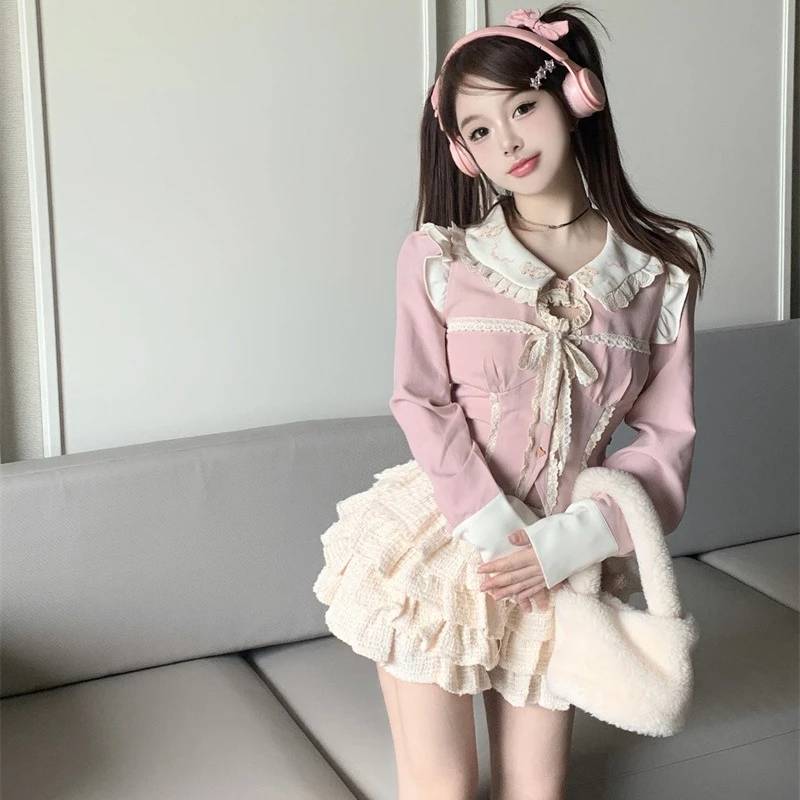 Japanese Style Kawaii Clothing 3 Piece Skirts Set Women Bodycon Slim Even Party Clothing Chic Autumn Lolita Suits Y2k Crop Tops