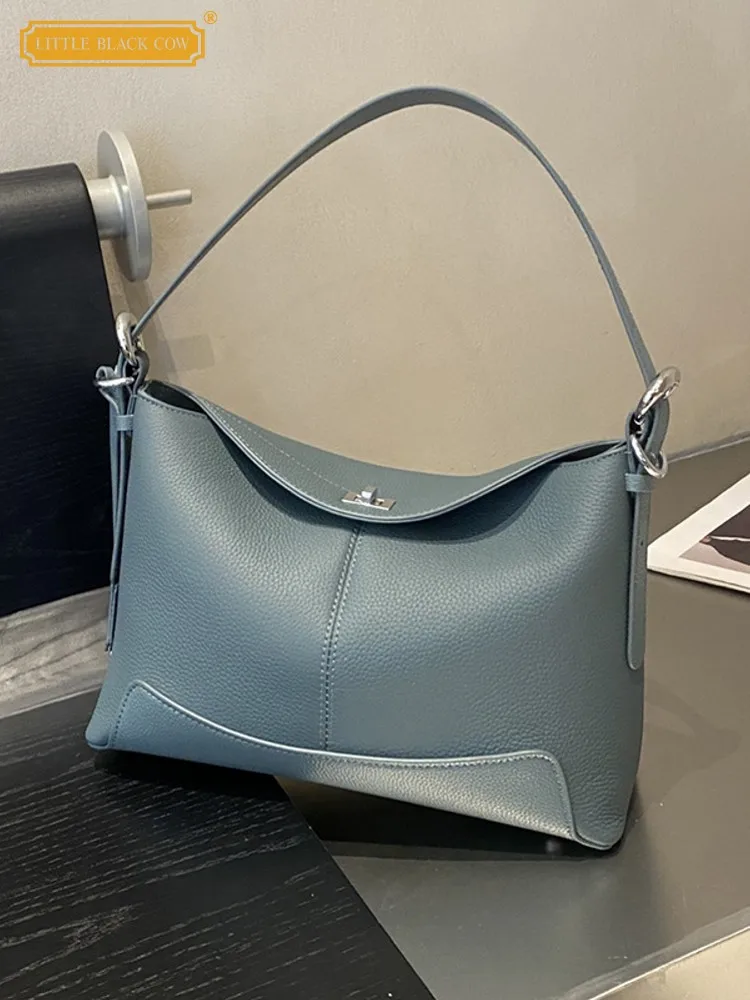 

Retro Designer Women Latch Solid Color Single Shoulder Bag Soft Leather Genuine Leather Female Casual Crossbody Underarm Bags