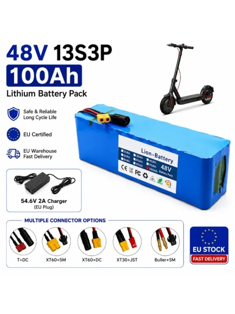 48V 100Ah 2000W 13S3P Li-Ionen-Akkupack für Elektroroller E-Bike 18650 Akku mit Smart BMS 54,6V Ladegerät EU-Lager Schnelle Lieferung