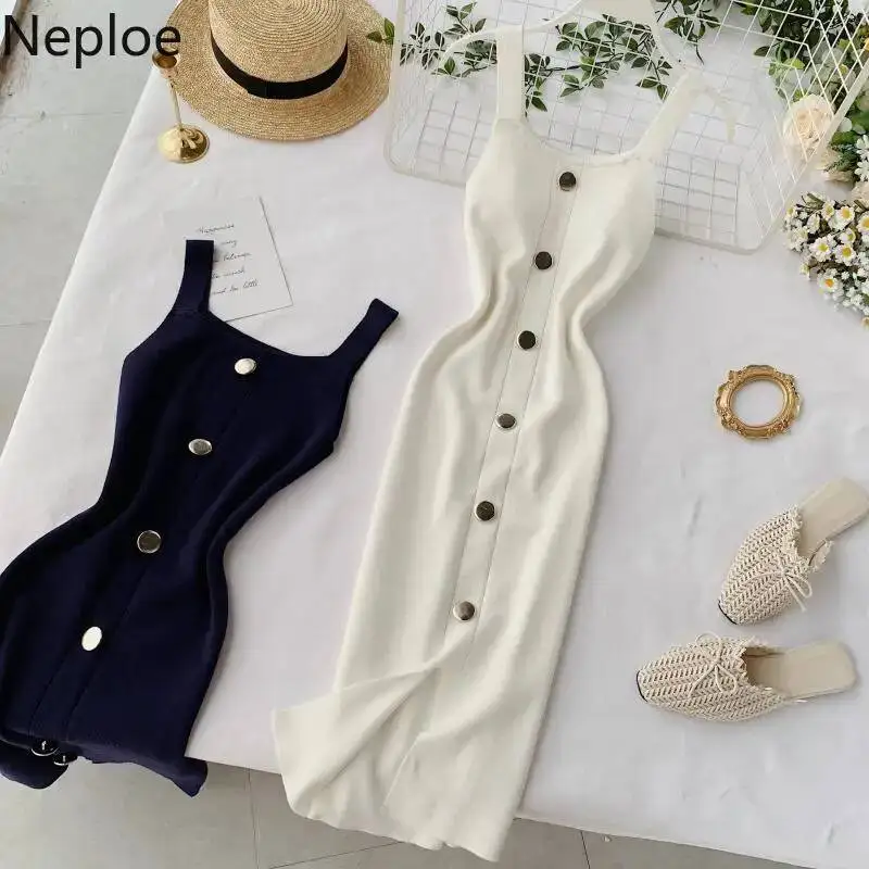 BabYoung Square Collar Single Breasted Knitted Dress Women Solid Sleeveless Split Camis Vestido High Waist Bodycon Dresses 80852