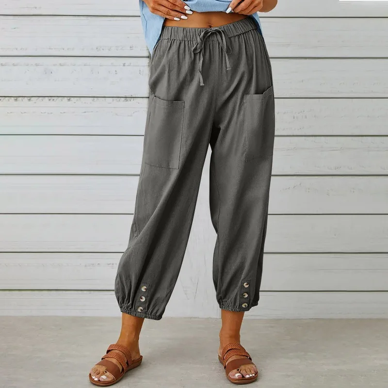 

New Loose Type High-waisted Buttoned Cotton Hemp Pants Nine-point Pants Wide Leg Women's Pants