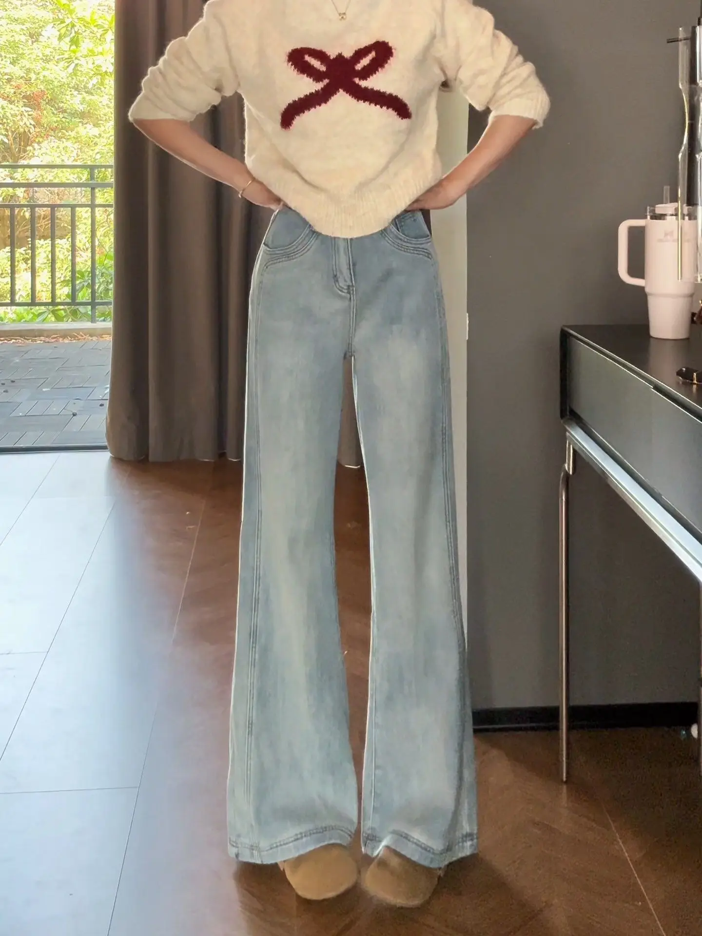 

Light Blue Fce Lined Wide Leg Jeans Women Winter 2026 New Small Size Loose Straight Floor Length Pants Casual High Waist P...