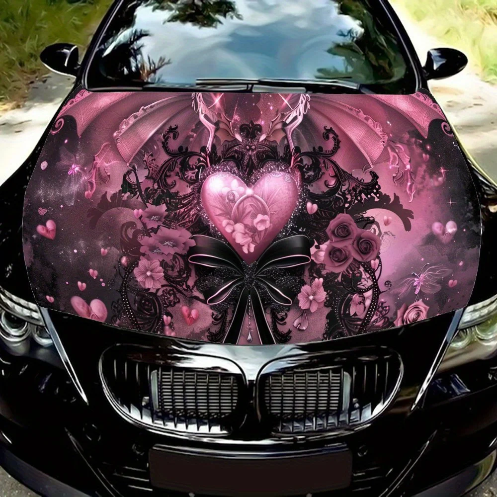 

Виниловая пленка для автомобиля с розовыми сердечками, цветами и бантом, водонепроницаемая наклейка на капот автомобиля из ПВХ, самоклеящиеся устойчивые к царапинам наклейки для двигателя