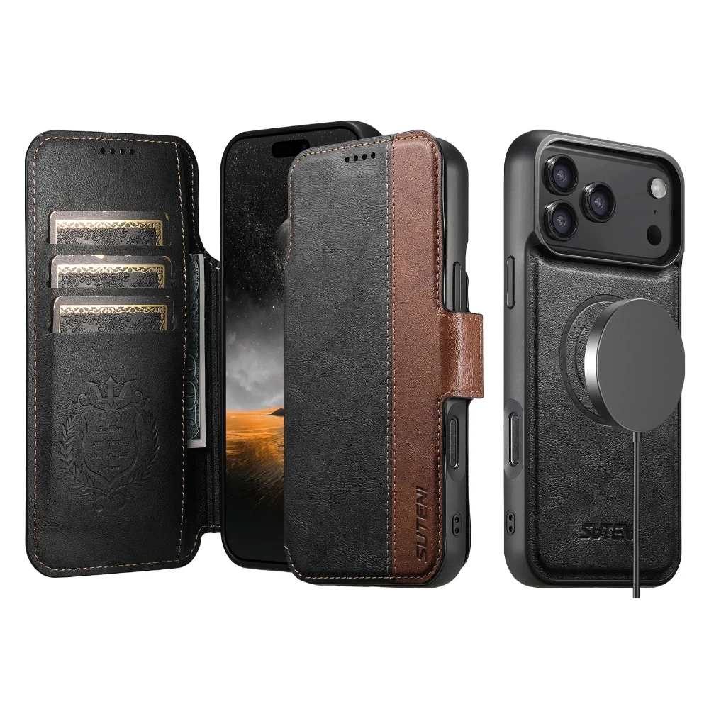 

Для iPhone 17 Pro Max 17Air 16 Plus 15 14 13 12 Pro Магнитный откидной чехол со съемным кожаным кошельком и беспроводной зарядкой для телефона