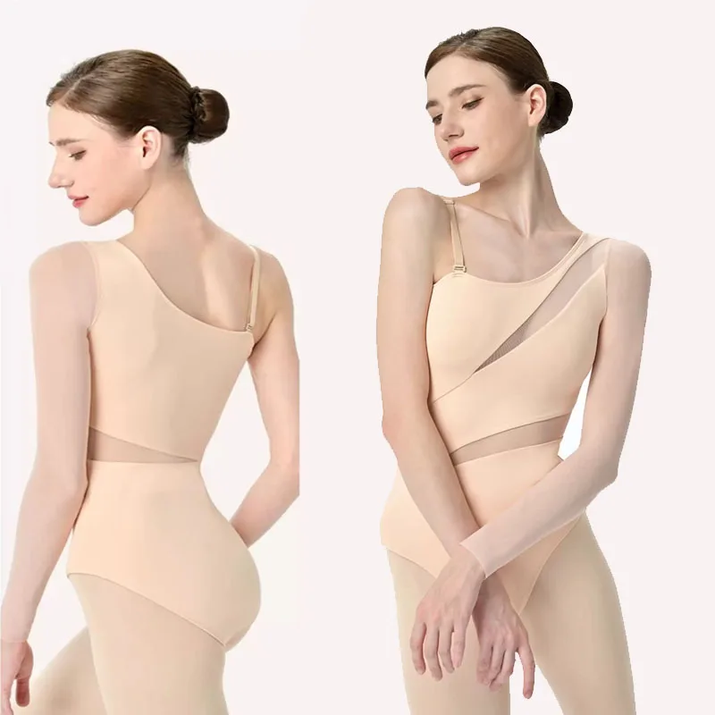 Neue Ballett-Tanz-Trikots für Mädchen und Frauen, Mesh-Spleißen, diagonale Ärmel, unregelmäßige lange Ärmel, Gymnastik, lyrisches Bühnenkostüm